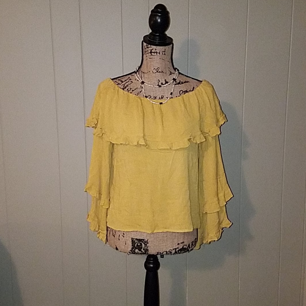 Yellow Boat neckline Ruffle Blouse